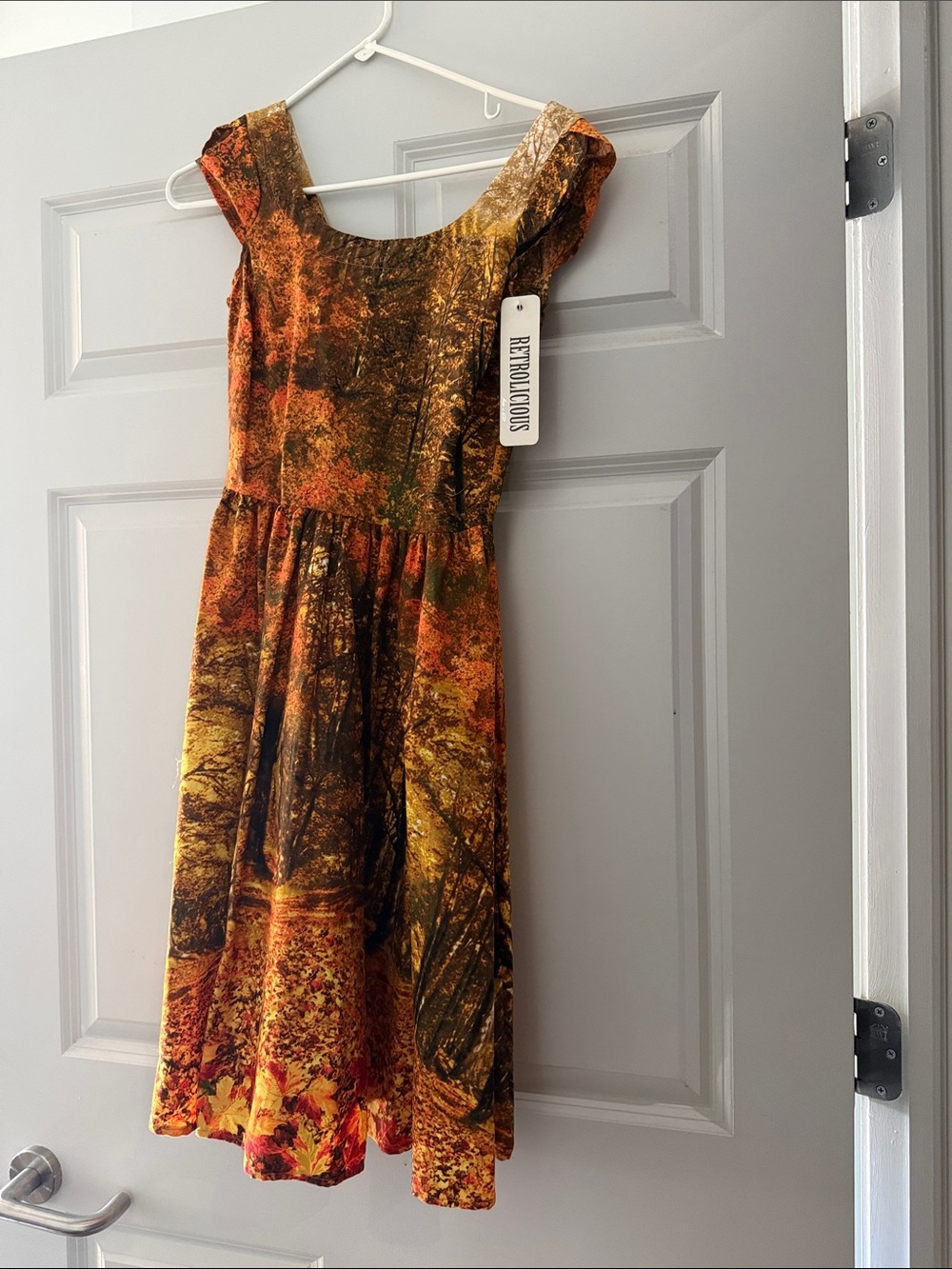 Retrolicious Girls' Fall Forest Print Dress in Orange and Brown